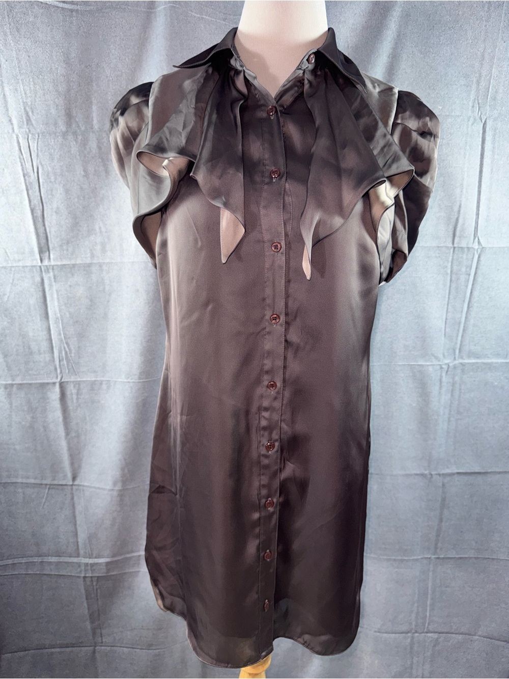 3233-BCBGeneration Grey Satin Ruffle Collar Button-Front Mini Dress
